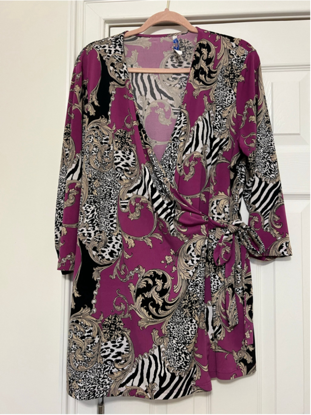 Women's Peter Nygard Wrap Top Purple Black Animal Print